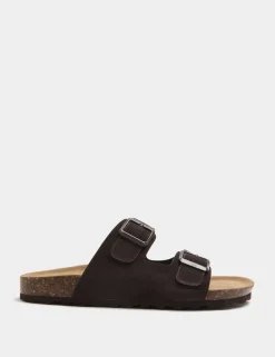 Suede Buckle Footbed Mules