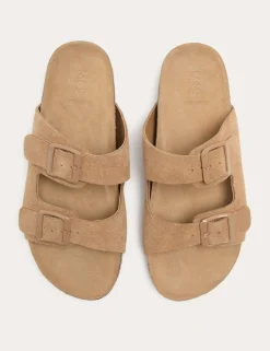 Suede Buckle Footbed Mules