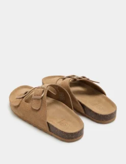 Suede Buckle Footbed Mules