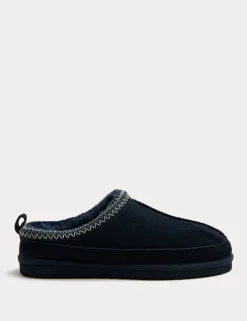 Suede Collared Embroidered Mule Slippers