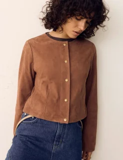 Suede Collarless Cropped Jacket