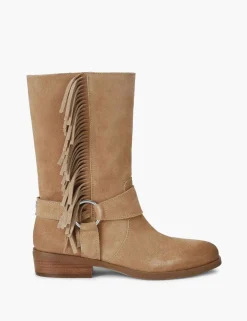 Suede Cowboy Fringe Detail Mid Calf Boots