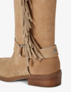 Suede Cowboy Fringe Detail Mid Calf Boots