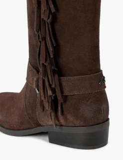 Suede Cowboy Fringe Detail Mid Calf Boots
