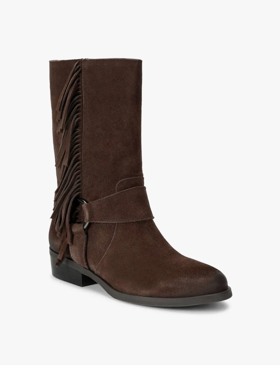 Suede Cowboy Fringe Detail Mid Calf Boots