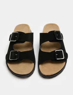 Suede Double Buckle Footbed Mules