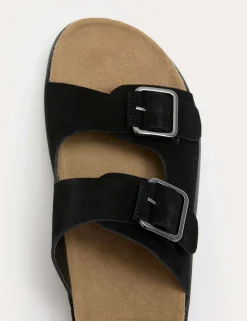 Suede Double Buckle Footbed Mules