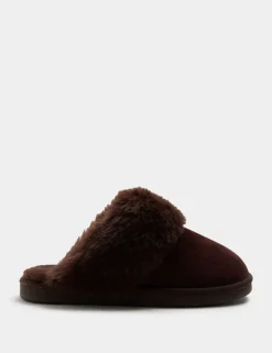 Suede Faux Fur Trim Mule Slippers