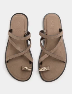 Suede Strappy Flat Toe Loop Sandals