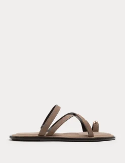 Suede Strappy Flat Toe Loop Sandals