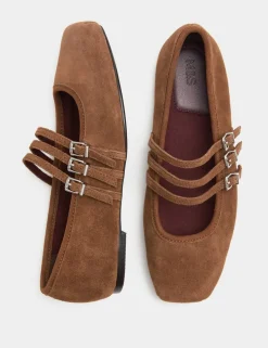 Suede Triple Strap Mary Jane Ballet Pumps