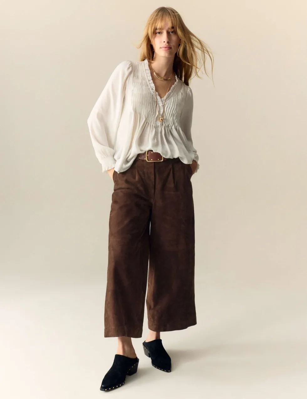 Suede Wide Leg Cropped Trousers