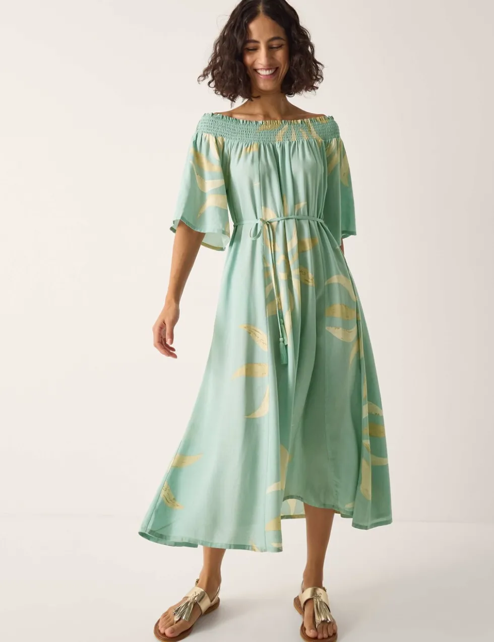 Sun Print Bardot Shirred Midi Dress