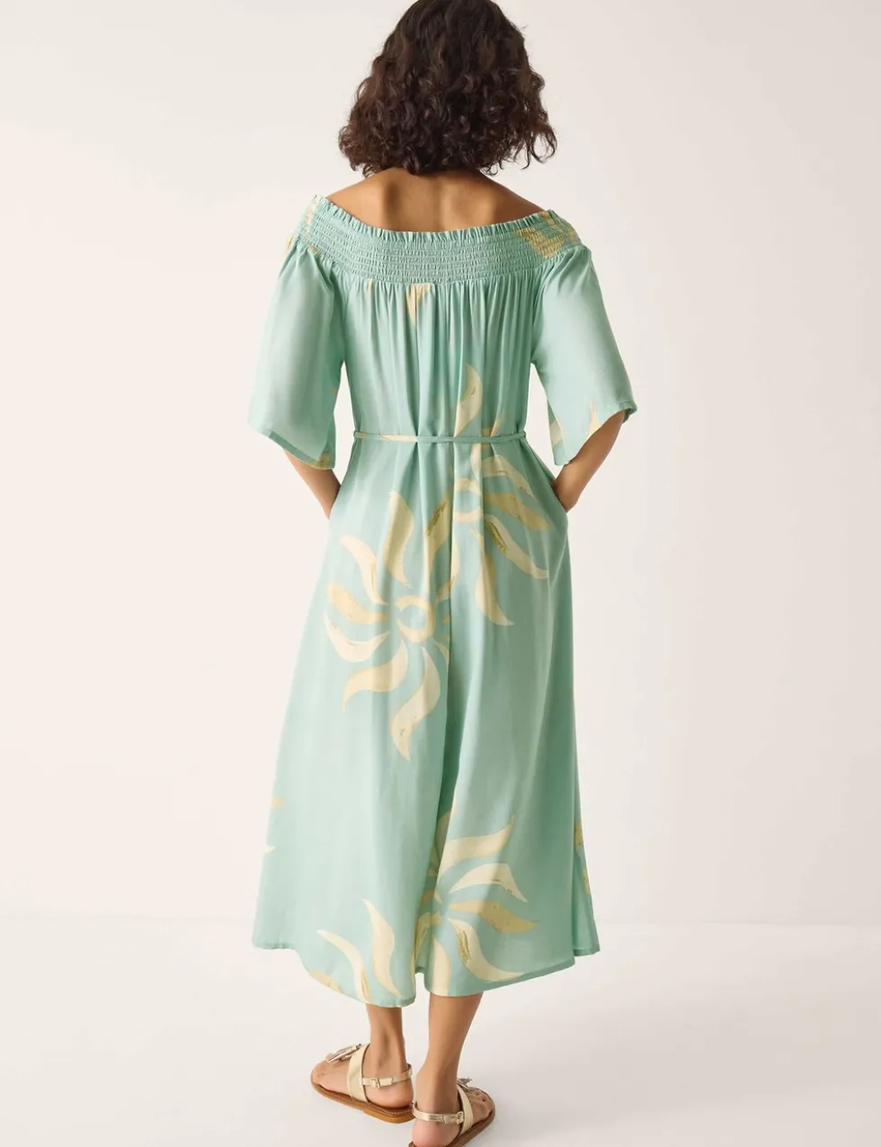 Sun Print Bardot Shirred Midi Dress