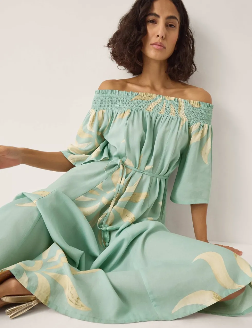 Sun Print Bardot Shirred Midi Dress