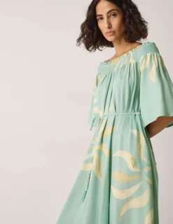 Sun Print Bardot Shirred Midi Dress