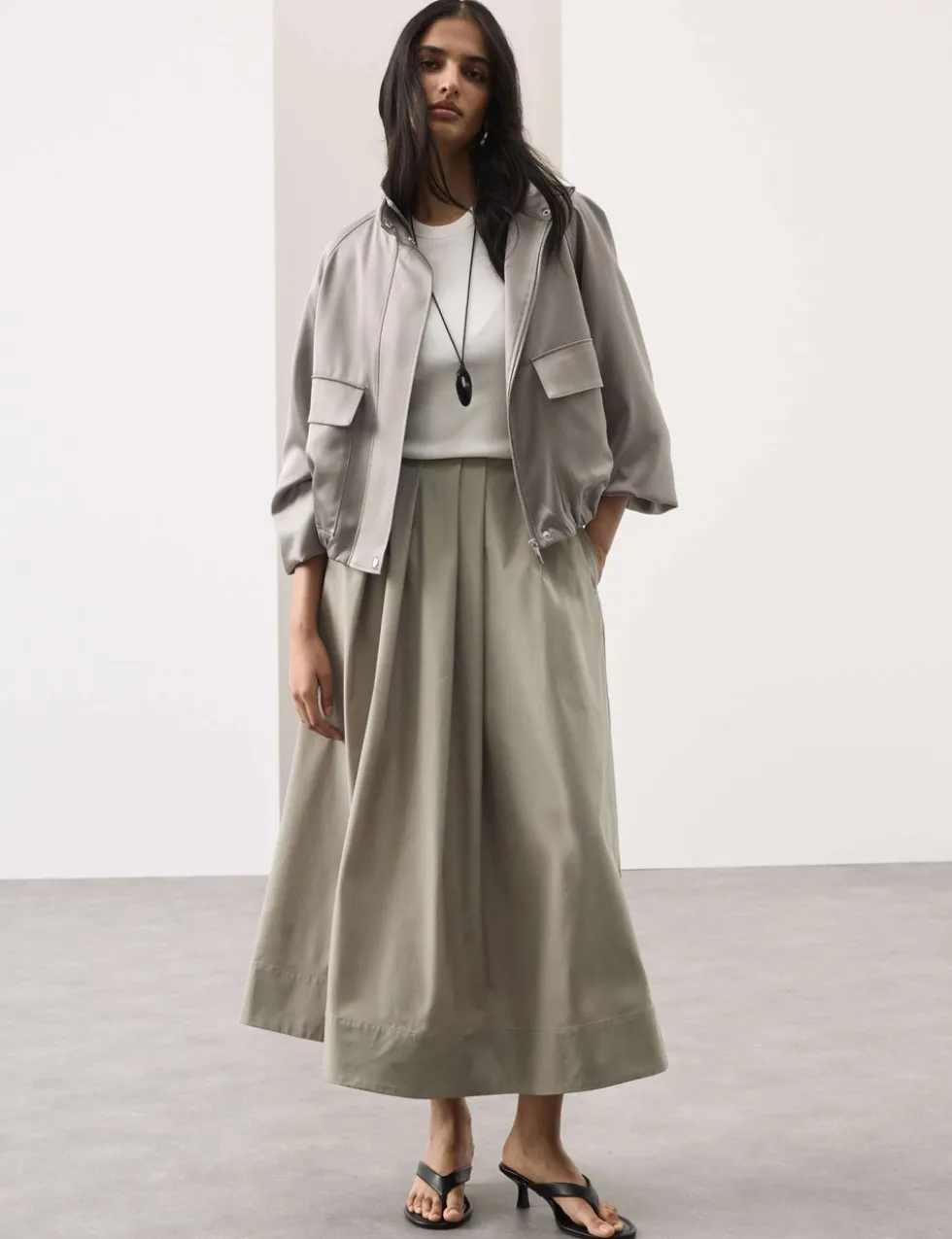Taffeta Pleated Maxi Skirt