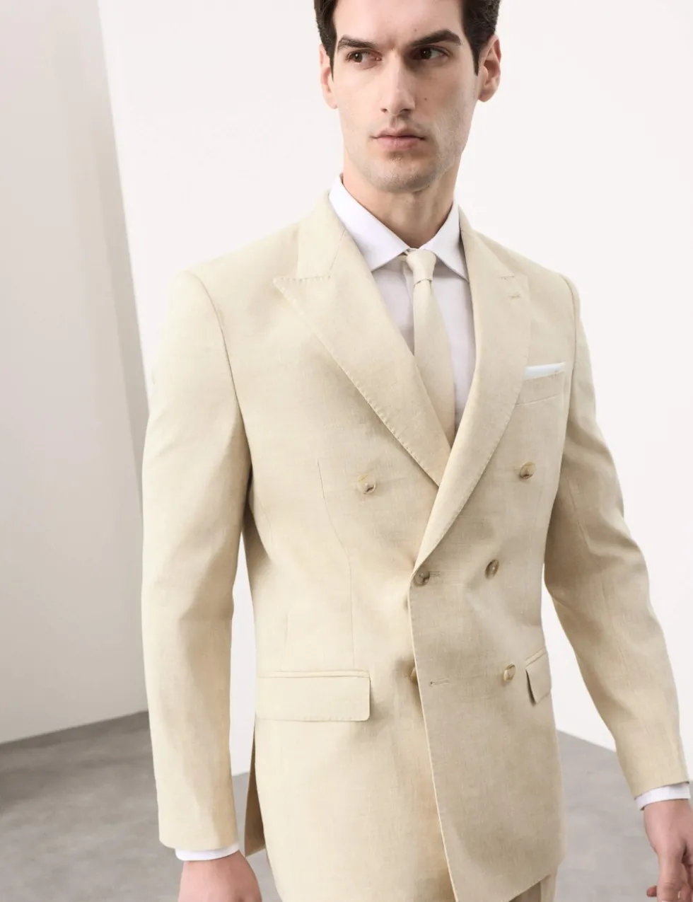 Tailored Fit Italian Performance Linen Blend Double Breasted Suit Jacket