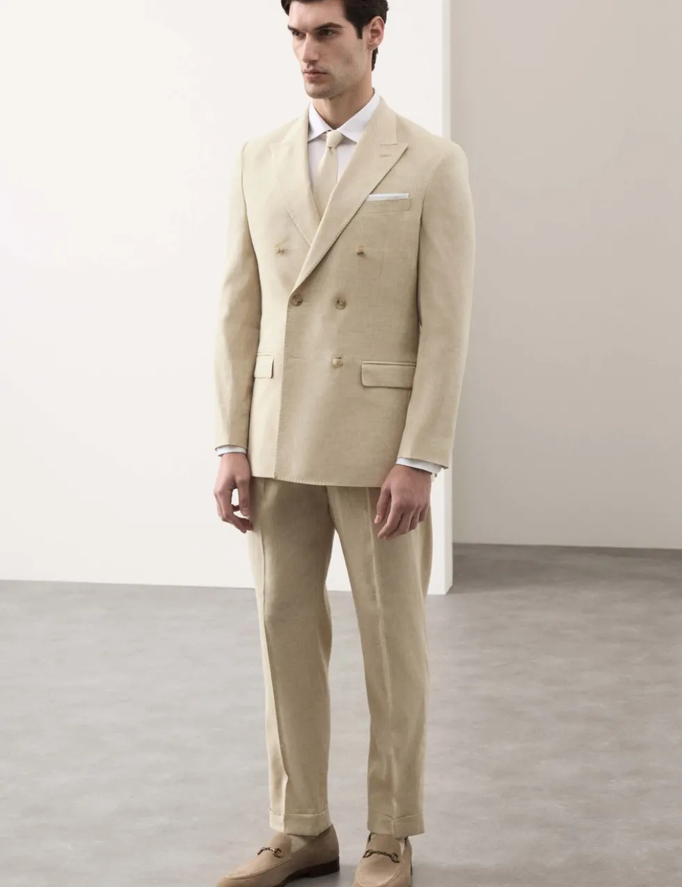 Tailored Fit Italian Performance Linen Blend Double Breasted Suit Jacket