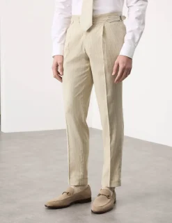 Tailored Fit Italian Performance Linen Blend Pinstripe Suit Trousers