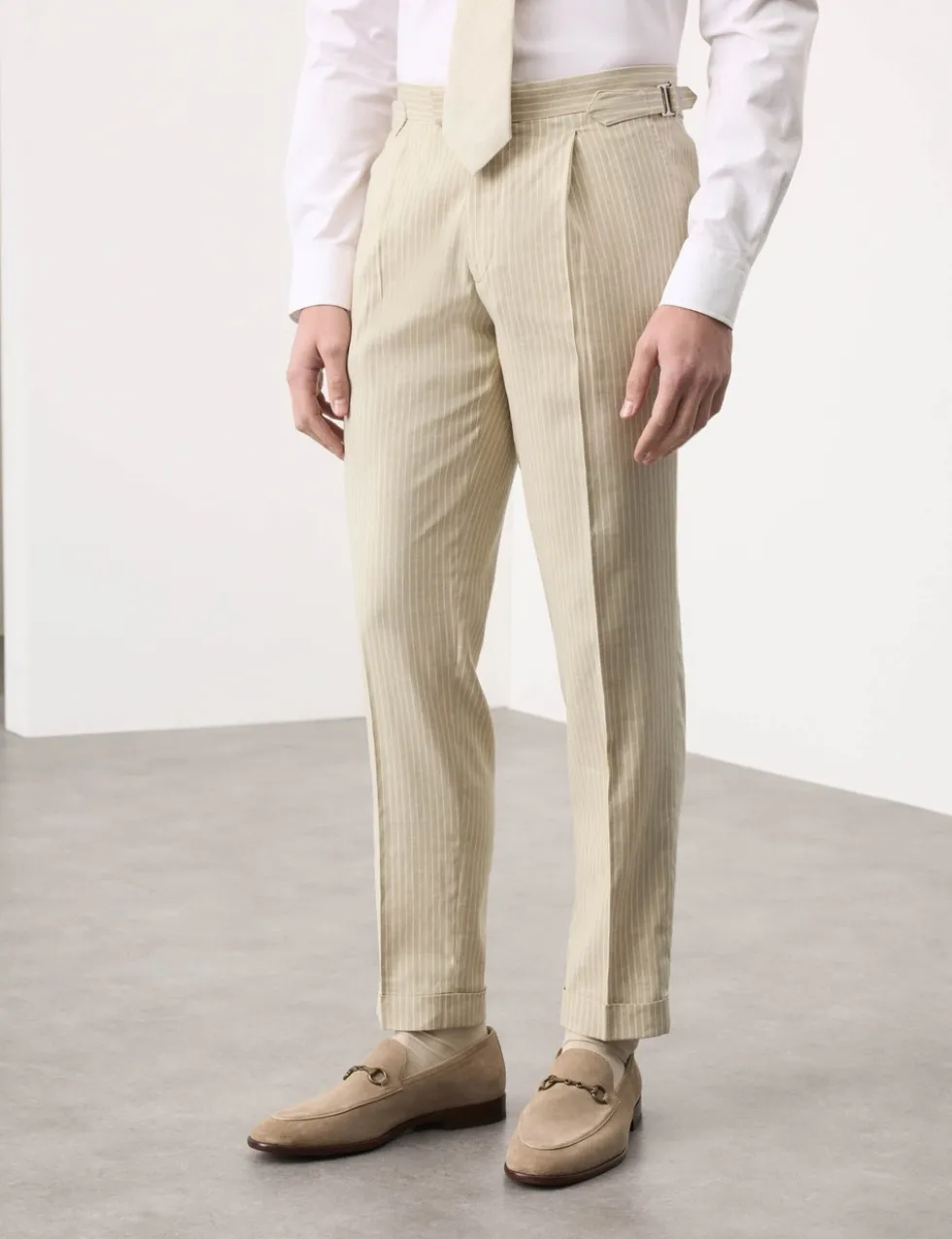 Tailored Fit Italian Performance Linen Blend Pinstripe Suit Trousers