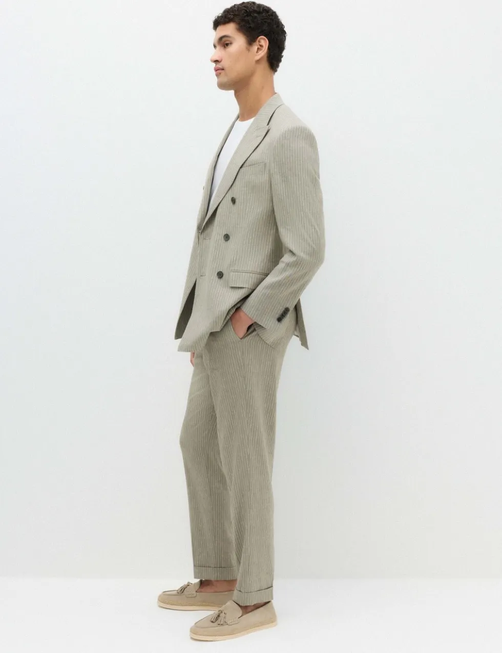 Tailored Fit Italian Performance Linen Blend Pinstripe Suit Trousers