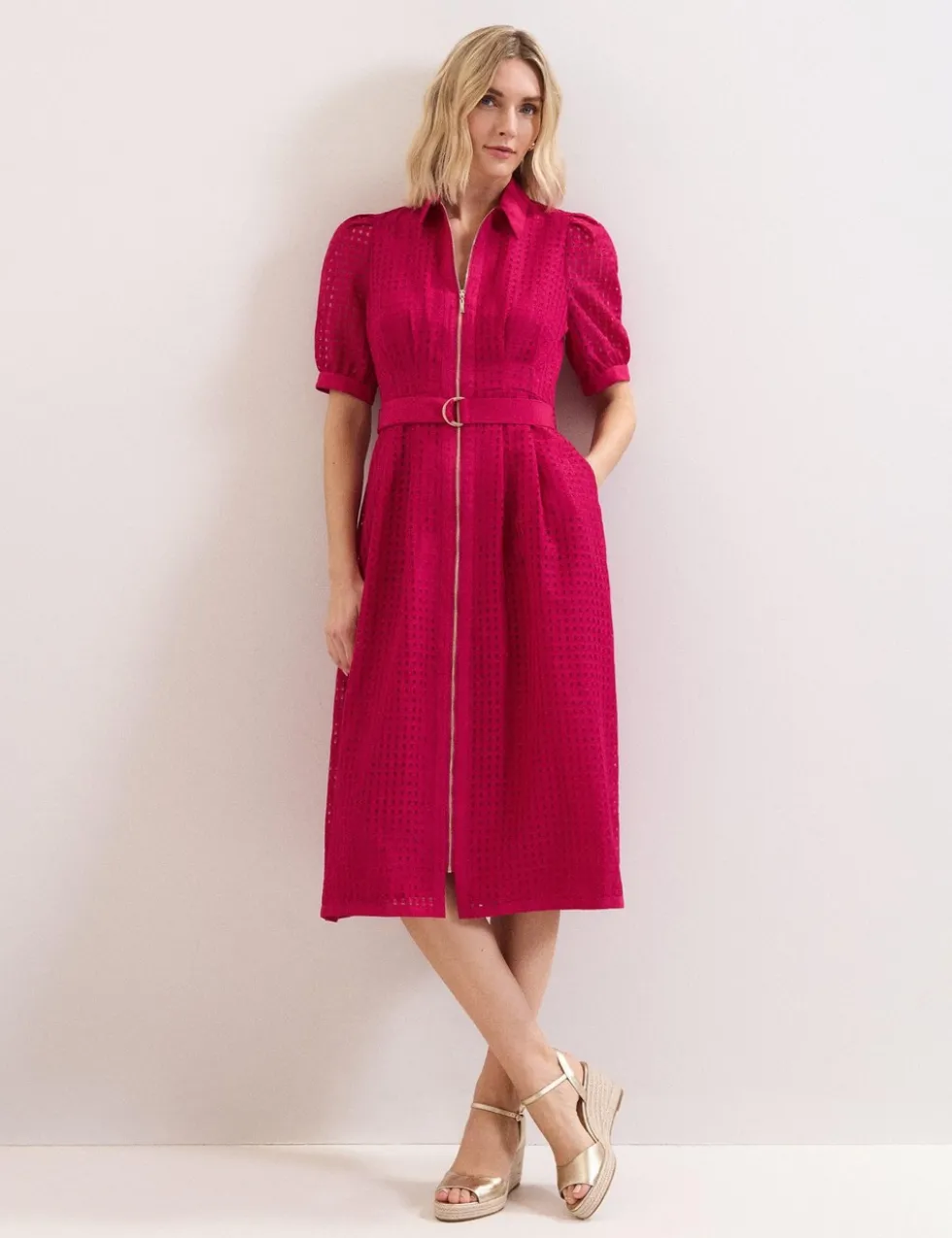 Textured Check Zip Up Midi Shirt Dress