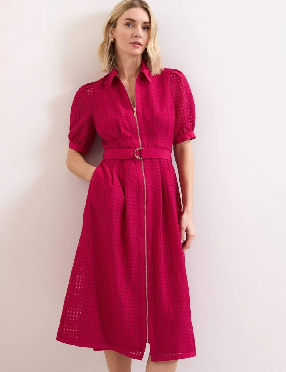 Textured Check Zip Up Midi Shirt Dress