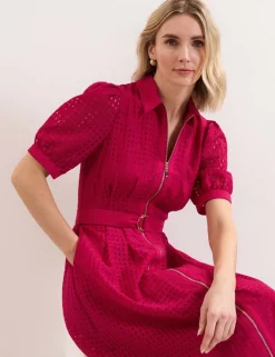 Textured Check Zip Up Midi Shirt Dress