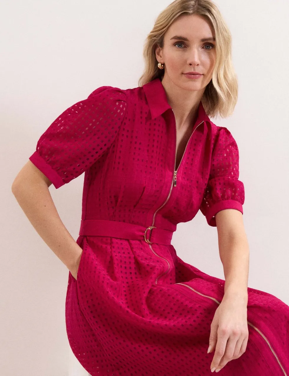 Textured Check Zip Up Midi Shirt Dress