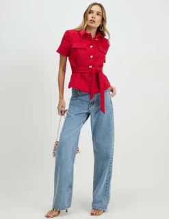 Textured Collared Belted Button Through Top