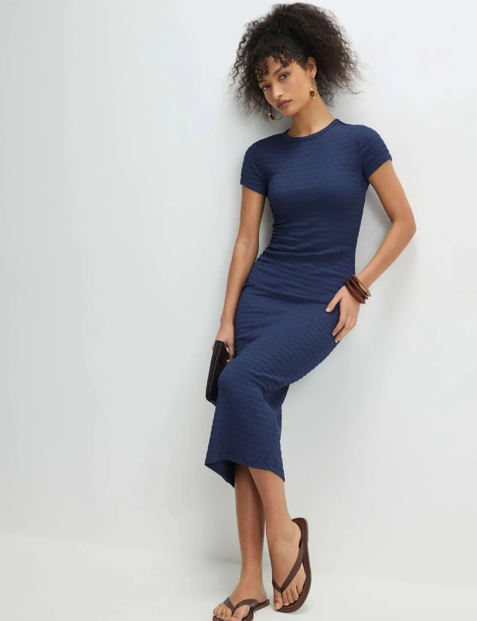 Textured Crew Neck Midi Bodycon Dress