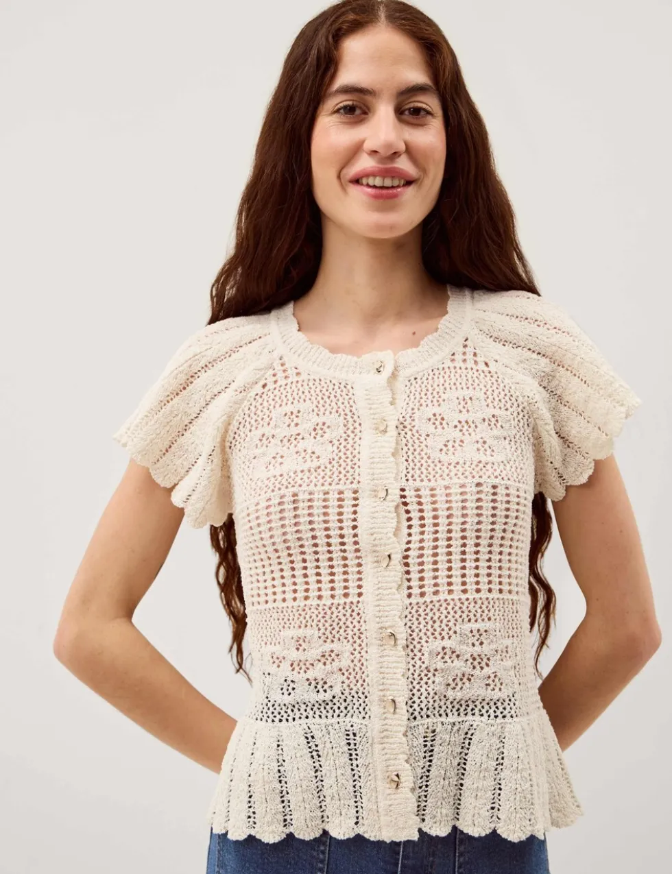 Textured Flower Scalloped Crew Neck Cardigan