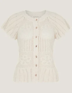 Textured Flower Scalloped Crew Neck Cardigan