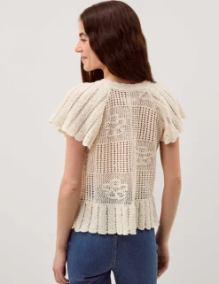 Textured Flower Scalloped Crew Neck Cardigan