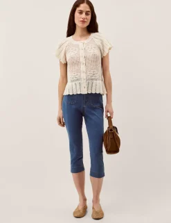 Textured Flower Scalloped Crew Neck Cardigan