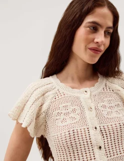 Textured Flower Scalloped Crew Neck Cardigan