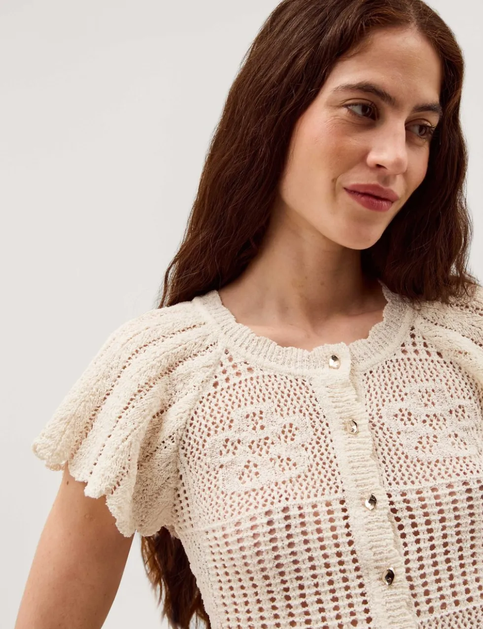 Textured Flower Scalloped Crew Neck Cardigan