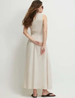 Textured Midi Shirred Dress with Linen