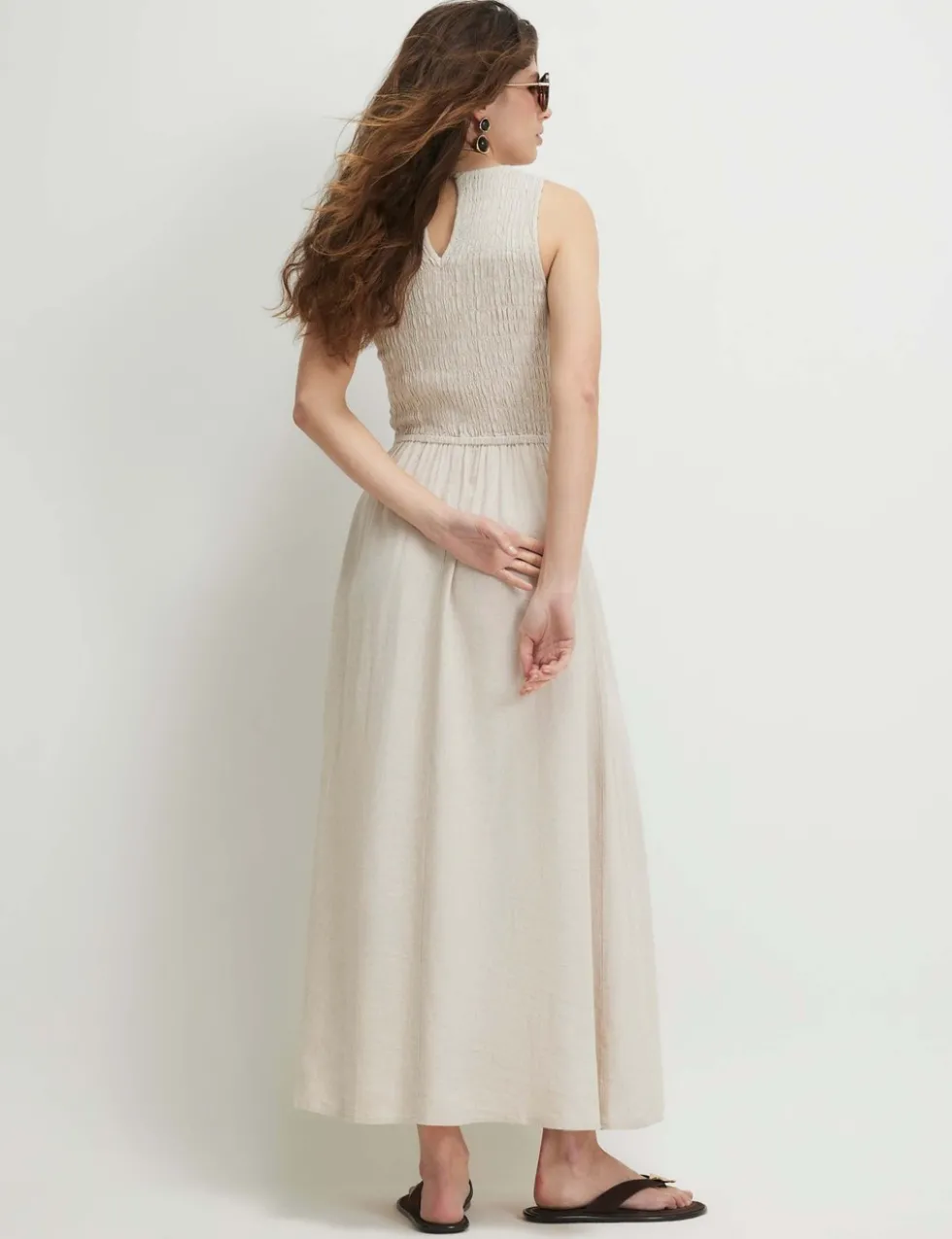 Textured Midi Shirred Dress with Linen