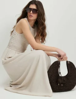 Textured Midi Shirred Dress with Linen