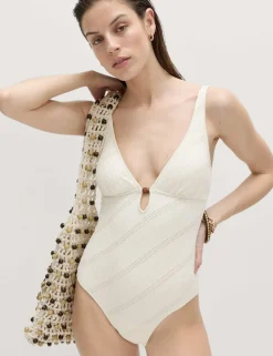 Textured Padded Bead Detail Plunge Swimsuit