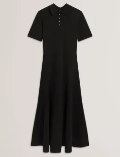 Textured Polo Collar Midaxi Shirt Dress