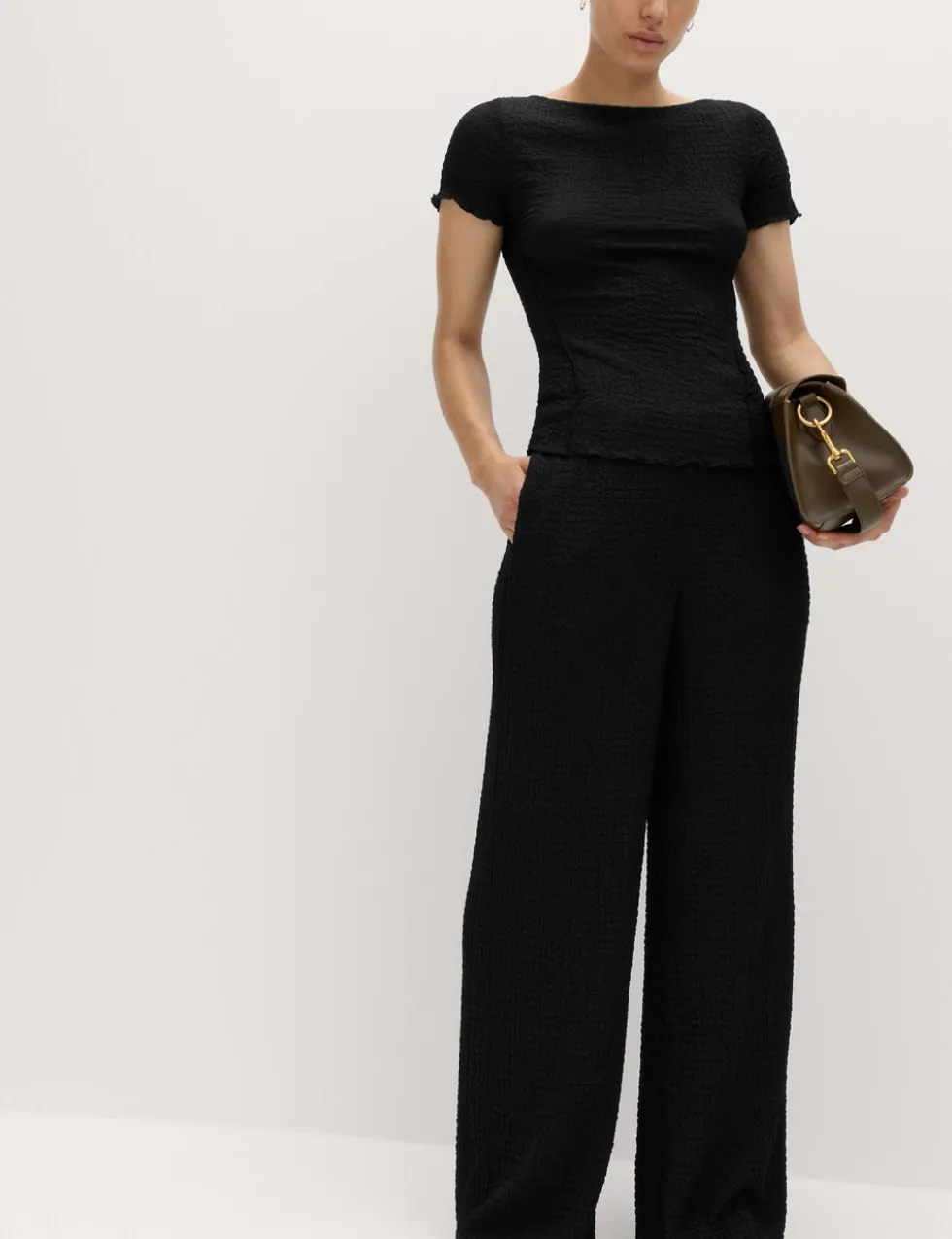 Textured Pull On Wide Leg Trousers