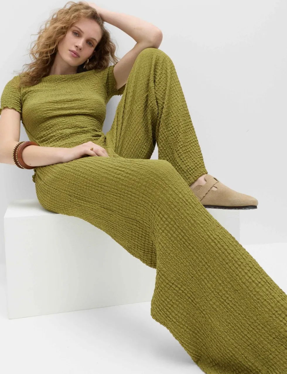 Textured Pull On Wide Leg Trousers