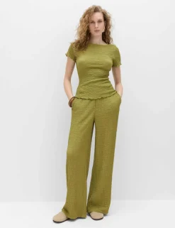 Textured Pull On Wide Leg Trousers