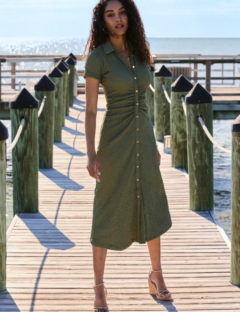 Textured Ruched Button Through Midi Shirt Dress