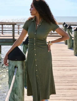 Textured Ruched Button Through Midi Shirt Dress