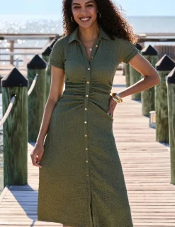 Textured Ruched Button Through Midi Shirt Dress