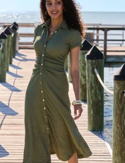 Textured Ruched Button Through Midi Shirt Dress